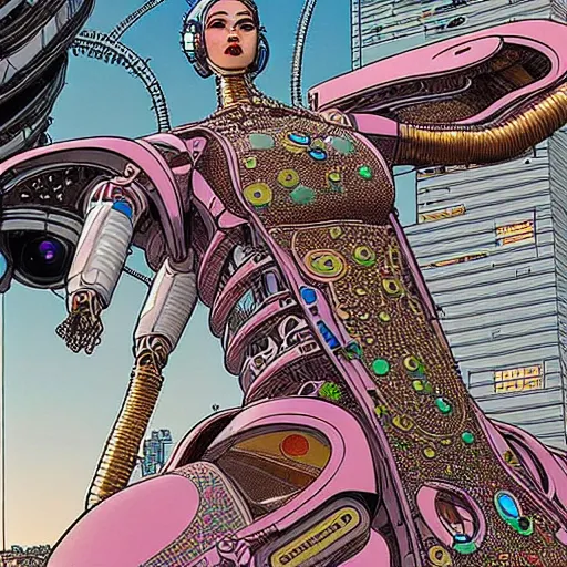 Image similar to a beautiful highly detailed futuristic mechanical lady, cyberpunk rooftop on jupiter, filled with people,, art by geof darrow,