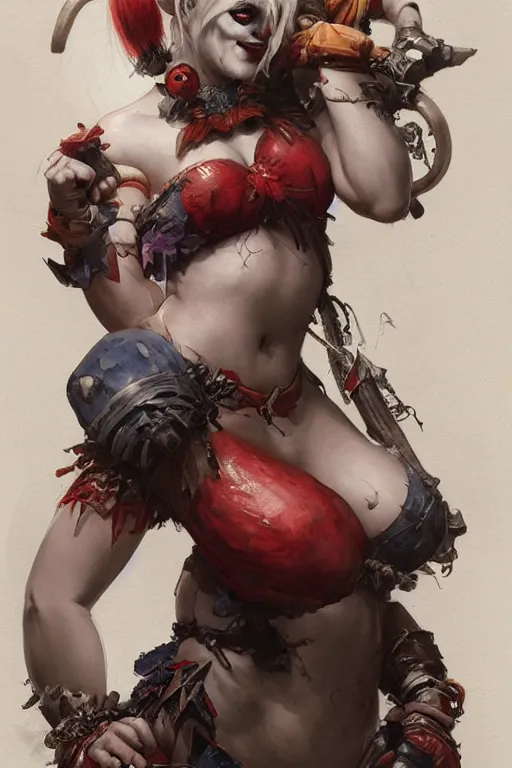 Prompt: portrait of harley quinn as a hulking herculean demon orc bugbear clown queen, forest, godlike, upper body, fantasy, intricate, elegant, highly detailed, digital painting, artstation, concept art, sharp focus, illustration, art by artgerm and greg rutkowski and alphonse mucha