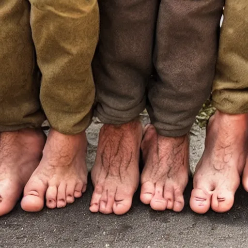 Image similar to a group of hobbits admiring the hairiness of their feet