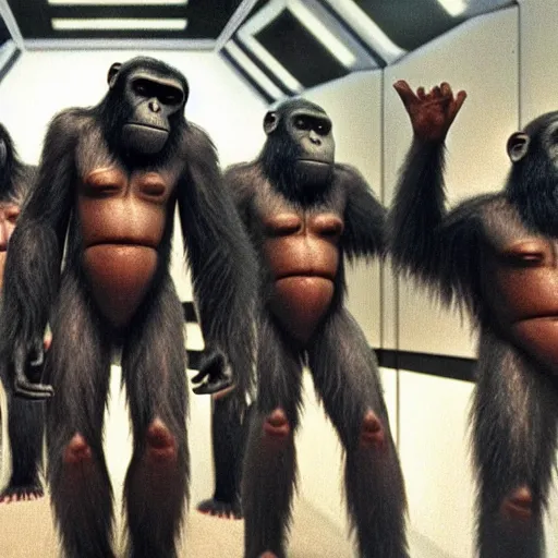 Prompt: the apes from 2001 a space odyssey worshiping a giant iPhone monolith
