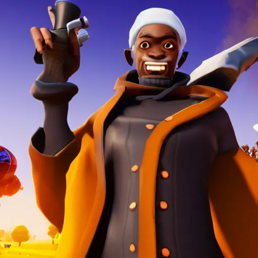 Image similar to an anthropomorphic black goat wizard in fortnite, black wizard robes, holding a gun