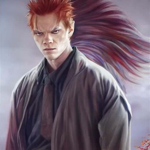 Image similar to Michael C Hall as Ichigo Kurosaki, professional modeling, looking down on the camera, detailed, centered, digital painting, artstation, concept art, donato giancola, Joseph Christian Leyendecker, WLOP, Boris Vallejo, Breathtaking, 8k resolution, extremely detailed, beautiful, establishing shot, artistic, hyperrealistic, beautiful face, octane render, cinematic lighting, dramatic lighting, masterpiece