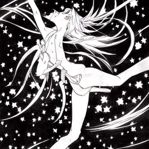 Image similar to it's an anime drawing by takeshi obata, it depicts a woman, lithe and graceful, leaping through the air, with a dozen swords, spinning, flying, and exploding all around her. in the background, the night sky is dark, filled with stars, and the moon is out, shining bright.