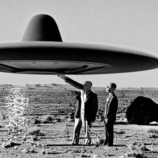 Image similar to president eisenhower aboarding a ufo in the desert as high ranked government officials are watching, black and white old photo