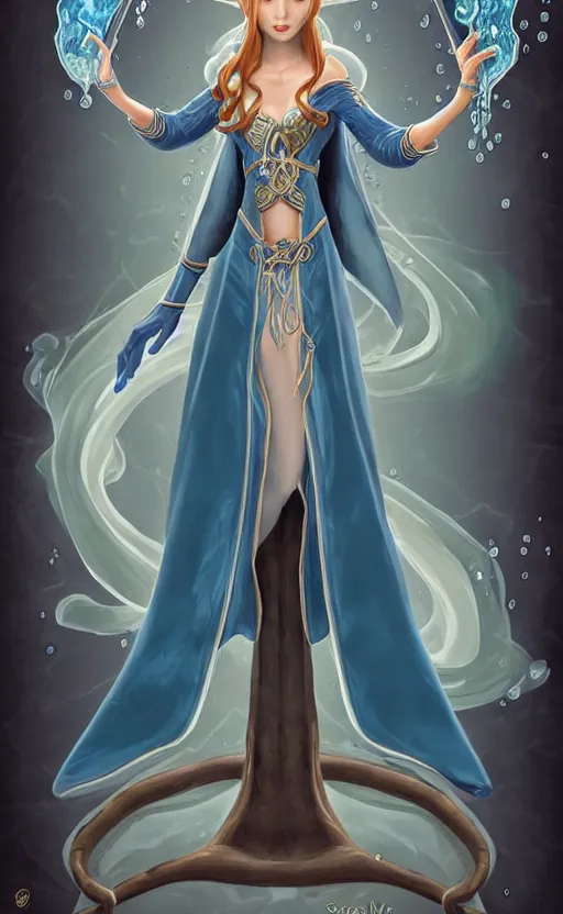 Image similar to elf female sorcerer doing water magic spells, blue robes, exquisite details, full body character design on a white background, by studio muti