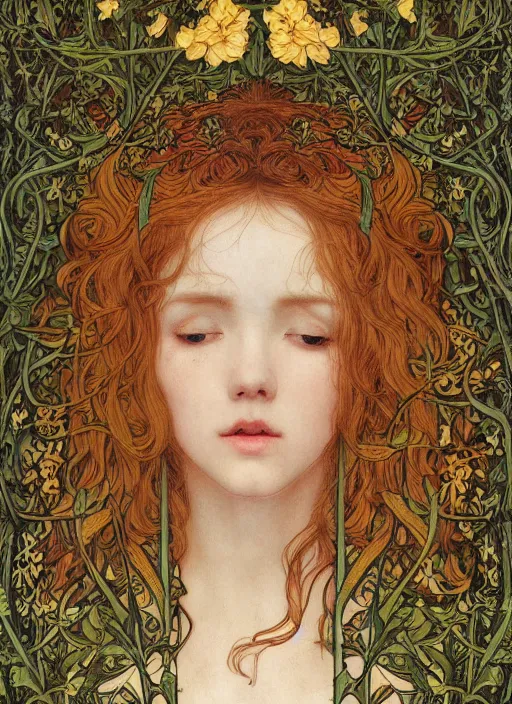 Image similar to masterpiece beautiful seductive flowing curves preraphaelite face portrait photography, extreme close up shot, straight bangs, thick set features, yellow ochre ornate medieval dress, miho hirano, amongst foliage mushroom forest circle arch, william morris and kilian eng and mucha, framed, 4 k