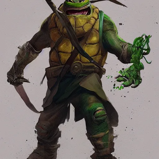 Prompt: portrait painting of our it guy, teenage mutant ninja turtle donatello, painted by greg rutkowski, dishonored 2