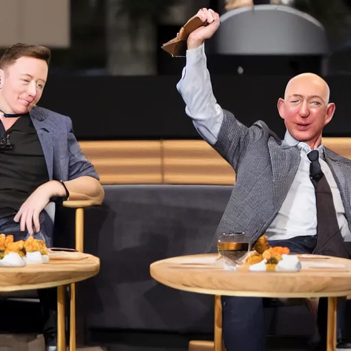 Image similar to Jeff Bezos eating tiny Elon Musk in a bowl
