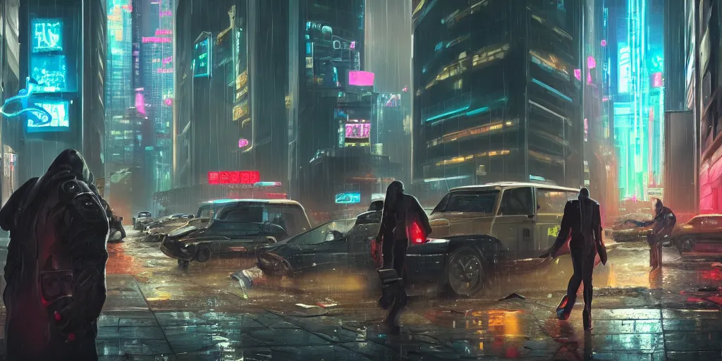 Image similar to a cyberpunk bank heist, concept art, ultra realistic, 8 k, painting, highly detailed, sci - ci, neon, rain, guns, firearms, robbery