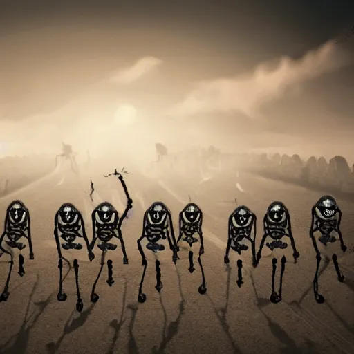 Prompt: an army of skeletons running towards the camera