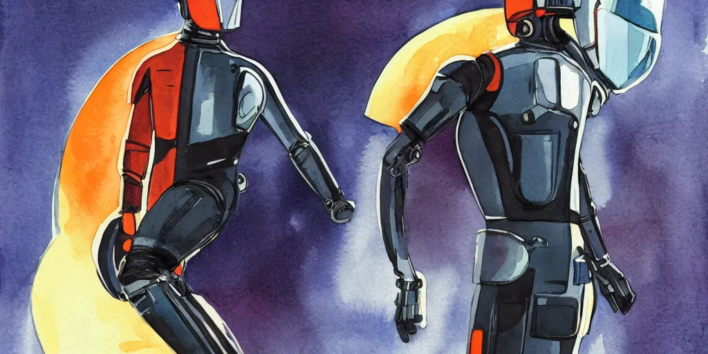 Prompt: male, full body, wide shot, modern space suit, intriguing helmet, very stylized character design, the expanse tv series, large shoulders, short torso, long thin legs, tiny feet, science fiction, hyperdetailed, technical suit, dieselpunk, watercolor digital painting, in the style of bruce timm, by alex maleev