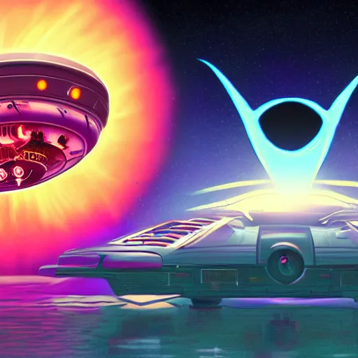 Image similar to a ufo, retrowave epic art, trending on art station