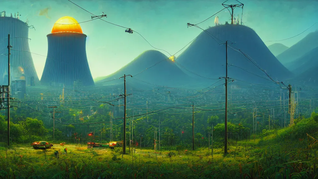 Image similar to Nuclear Nature Solarpunk harmony; the mountains and city of Quito are towered over by giant nuclear power plants covered with foliage; by Simon Stålenhag, oil on canvas; Art Direction by James Cameron; 4K, 8K; Ultra-Realistic Depth Shading