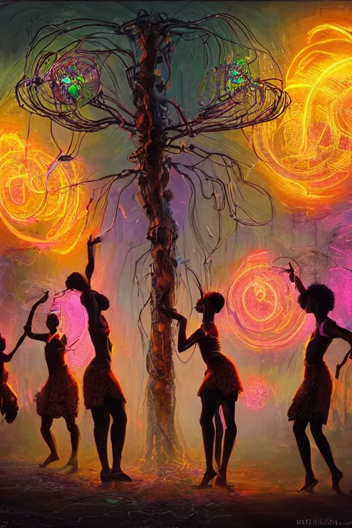 Prompt: african women dancing around a glowing, energized, steampunk neon portal near the electric dragontree of life in a lightning storm, by greg rutkowski and justin bua. oil on canvas, afropunk!, afrofuturism, detailed and intricate environment, global illumination, radiant lighting. highly detailed. masterpiece