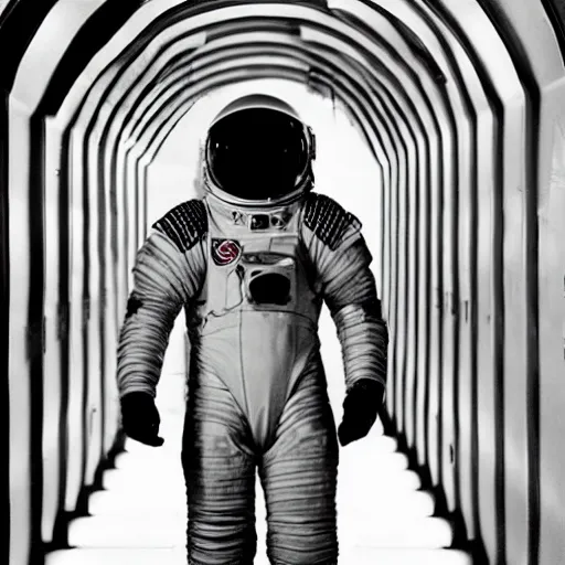 Prompt: a heavily armored astronaut, in spaceship corridor, film still