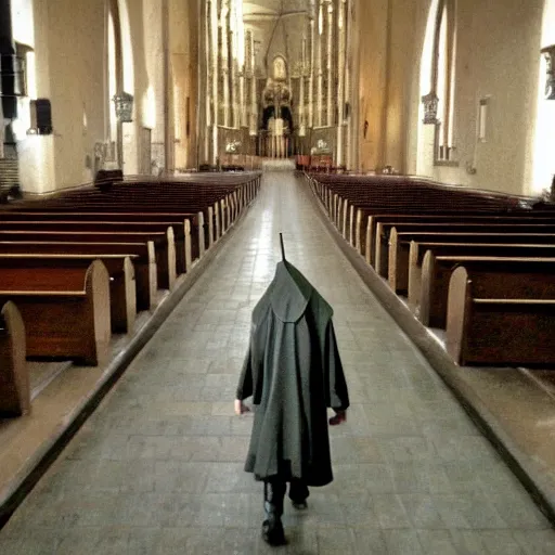 Prompt: pyramid head from silent hill attending sunday mass in a large church, realistic, grunge, grainy