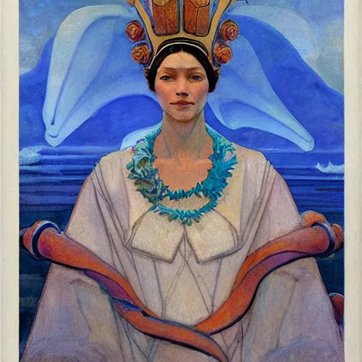 Prompt: the ocean crown, by Annie Swynnerton and Nicholas Roerich and Diego Rivera, blue skin, elaborate costume, geometric ornament, rich color, dramatic cinematic lighting, smooth, sharp focus, extremely detailed