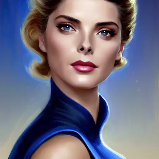 Prompt: Ashley Greene's face combined with Grace Kelly's face with short dark blue hair in elegant knight's armor, western, D&D, fantasy, intricate, elegant, highly detailed, digital painting, artstation, concept art, matte, sharp focus, illustration, art by Artgerm and Greg Rutkowski and Alphonse Mucha