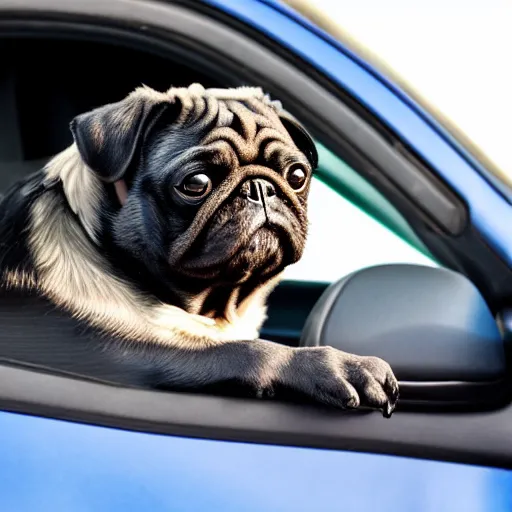 Prompt: picture of a black pug driving a car