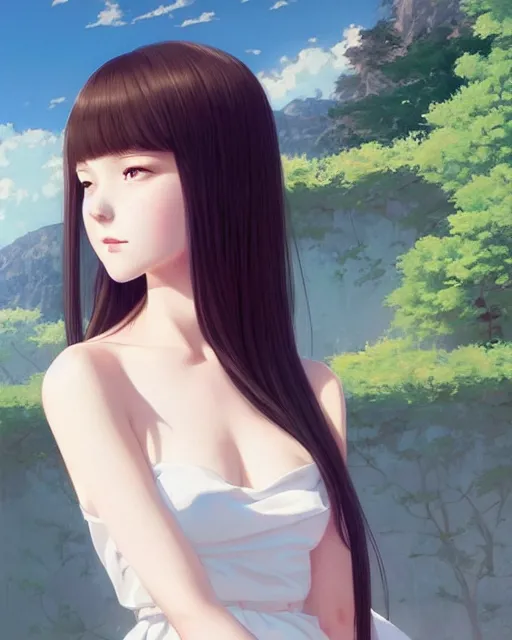 Image similar to infinitely detailed full - body portrait pale female peaceful dream angel wearing elegant clothes. beautiful! scenery art! by wlop & murata range, by ilya kuvshinov. artstation!! / pixiv!!