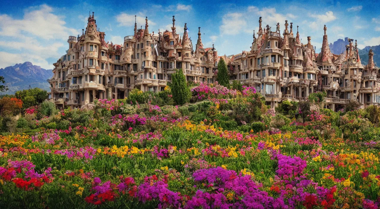 Image similar to a manor designed by Antoni Gaudí, with flower fields as foreground, with mountains as background, trending on artstation