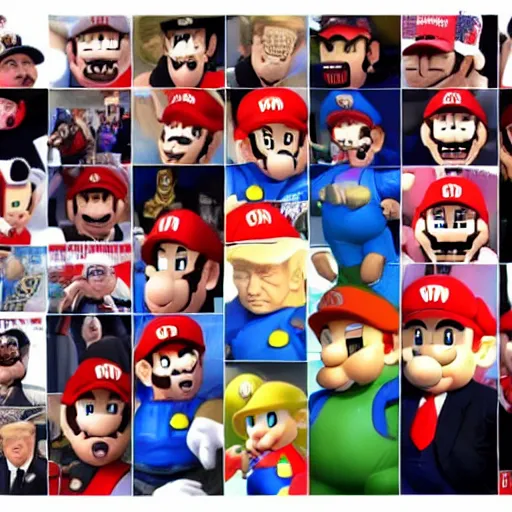 Image similar to epic wide show of donald trump fighting every mario character, directed by francis ford coppola