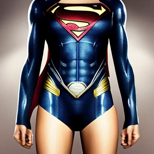 Image similar to an potrait of gal Gadot cast of movie man of steel and wearing a superman suit, photorealistic high detail, view from below, full shot body.