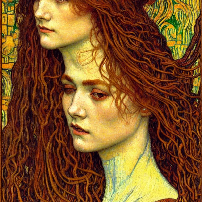 Image similar to detailed realistic beautiful young medieval queen face portrait by jean delville, gustav klimt and vincent van gogh, art nouveau, symbolist, visionary, gothic, pre - raphaelite, muted earthy colors, desaturated