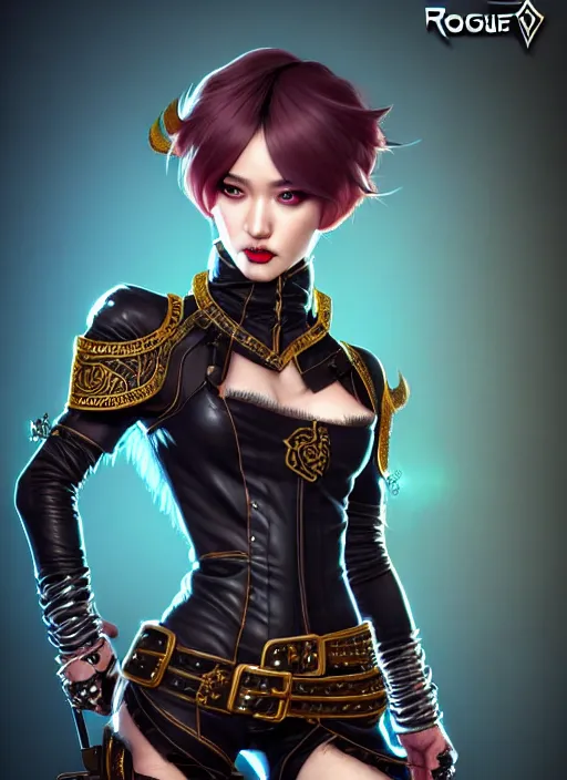 Image similar to rogue, fantasy ornate leather bandit outfit!!! close - up portrait beautiful and athletic short hair female!! gorgeous face and eyes!! character concept art, sharp focus, octane render! unreal engine 5! highly rendered!! trending on artstation!! detailed linework!! illustration by artgerm, wlop, and chie yoshii