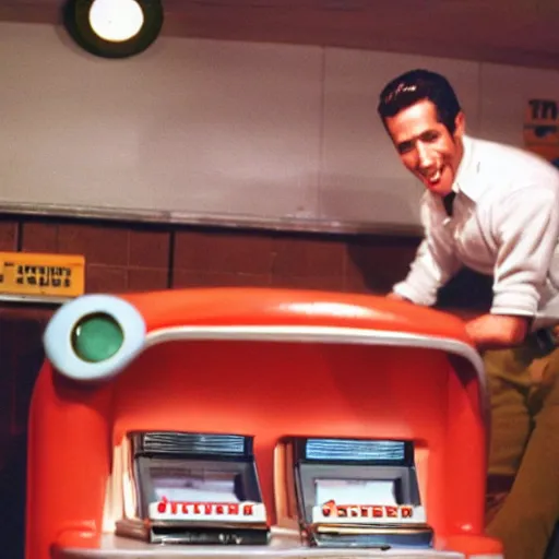 Image similar to diorama of fonzie next to a jukebox in a 1 9 5 0 s diner