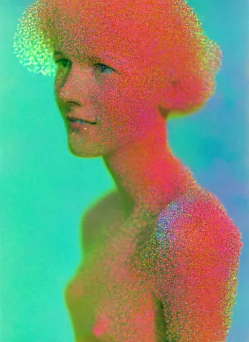 Image similar to realistic photo of a blurred face of a girl, covered in shriveling dead semi - translucent iridescent coral reef, emitting aura, 1 9 6 0, life magazine photo, natural colors, metropolitan museum, kodak, 8 k, very detailed, high resolution, product photo,