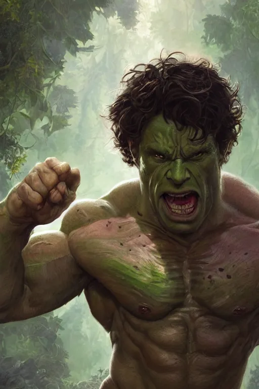 Image similar to portrait of bruce banner as a hulking herculean demon, forest, godlike, full body, fantasy, intricate, elegant, highly detailed, digital painting, artstation, concept art, sharp focus, illustration, art by artgerm and greg rutkowski and alphonse mucha