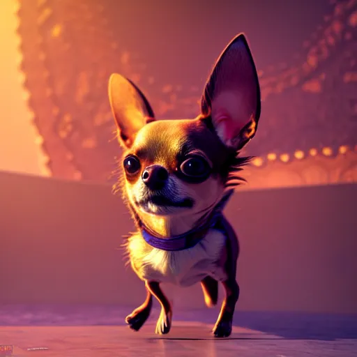 Image similar to a transcendent chihuahua living in an extradimensional reality, in the style of wlop, illustration, epic, fantasy, hyper detailed, smooth, unreal engine, sharp focus, ray tracing, physically based rendering, renderman, beautiful