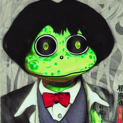 Prompt: yoshitaka amano blurred and dreamy realistic three quarter angle horror portrait of a pepe the frog with short hair, big earrings and white eyes wearing office suit with tie, black and white junji ito abstract patterns in the background, satoshi kon anime, noisy film grain effect, highly detailed, renaissance oil painting, weird portrait angle, blurred lost edges