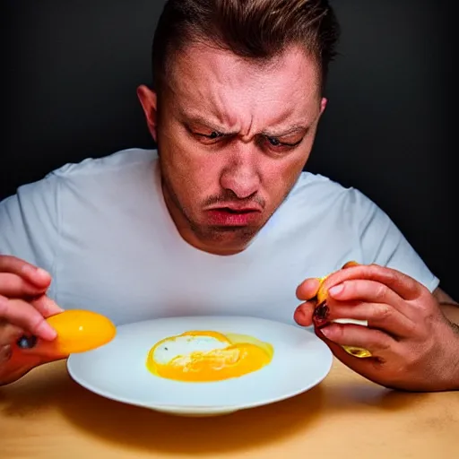 Prompt: “A portrait of a man furious and red faced glaring at his fried egg because the yolk broke, highly detailed, award winning, studio lighting”