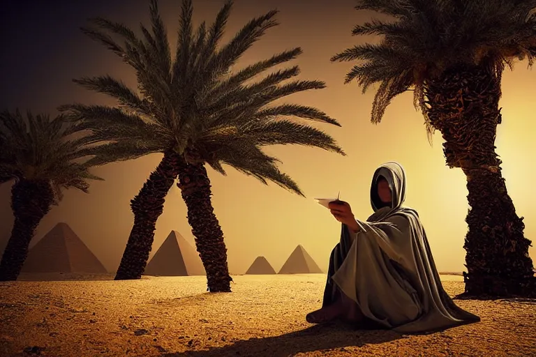 Prompt: a hooded Druid sitting under a tall palm tree in the Egyptian desert reading ancient scrolls in the light from a small fire at night, sitting on the ground, darkness, dim light from fire, desert, starry sky, an ancient city far in the distance, strong dramatic cinematic lighting, lost civilizations, smooth, sharp focus, extremely detailed