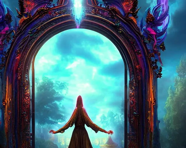 Image similar to magic portal gate, transparent background with a picture of the afterlife, ultra wide shot, lush colors, in the style of greg rutkowski and hans zatzka, digital art, sharp focus, highly realistic, exquisite ornate metal gothic icon heavy patina, delicate, enchanting, otherworldly, ethereal, mythology, mystical