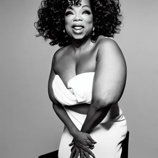 Image similar to oprah winfrey standing on the head of a midget, studio portrait, 3 5 mm