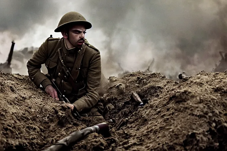 Image similar to jay baruchel smoking cigar, as world war 1 soldier in the trenches, bullets whizzing past, cinematic lighting, high contrast, 4 k hdr imax cinematography by roger deakins, award winning shot, beautiful composition, principal photography, vfx action shot