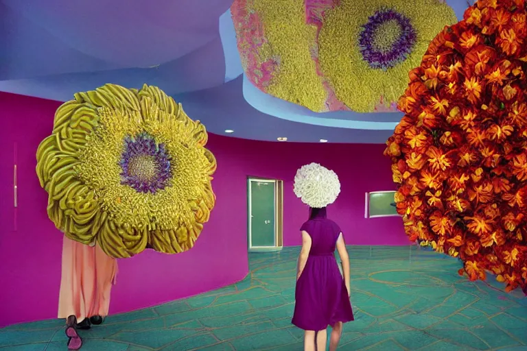 Prompt: giant flower head, girl walking in hotel, surreal, symmetry, flat space, fanciful, colourful, detailed, wes anderson