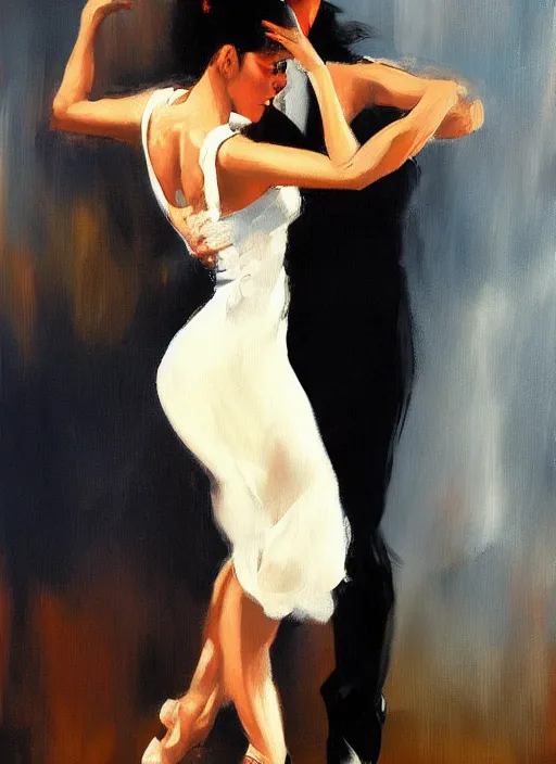 Image similar to sensual tango dancer girl in white dress, painting by phil hale, fransico goya, action lines, graphic style, visible brushstrokes, motion blur, blurry, visible paint texture, crisp hd image