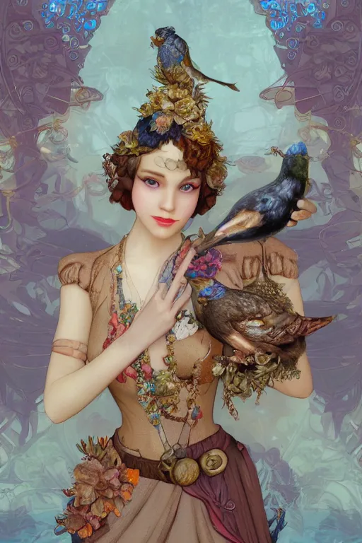 Prompt: face closeup, 3 d render of english princess holding birds, ornaments, background ornaments, mucha vibe, dieselpunk, solarpunk, artstation