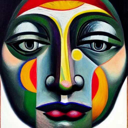 Prompt: Intricate five star Sun Facial portrait by Pablo Picasso, oil on canvas, high detail, matte finish, high contrast, 3d depth, masterpiece, vivid colors, artstationhd