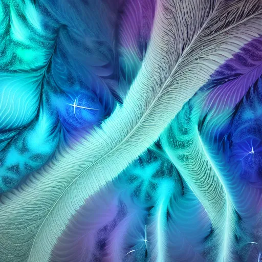 Image similar to an highly detailed irregular warped fractal of feathers by Dean Roger, background of outer space neon nebulas by Pilar Gogar, 8k hdr octane render