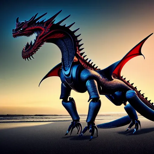 Image similar to epic close up shot, realistic detailed stunning beautiful anthropomorphic robot mechanical female dragon, doing an elegant pose with hand on hip, looking to the side, sleek streamlined armor and design, sharp claws, sleek well designed head, standing on two legs, wearing a hooded cloak that blows in the wind from behind her, on the beach during sunset, high quality, cinematic art, sunset lighting, artstation, deviantart, furaffinity