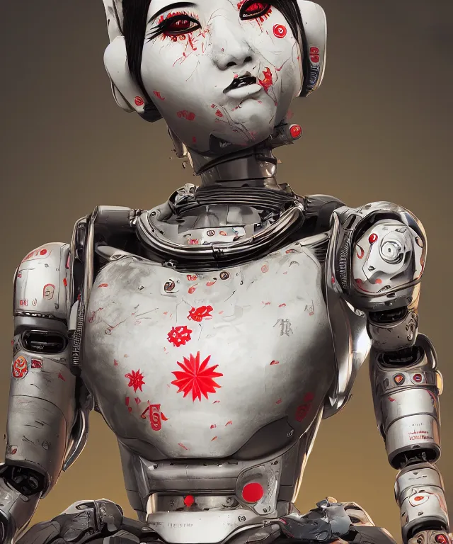 Image similar to an epic fantastic realism comic book style portrait painting of a japanese robotic geisha with kanji tattoos and decals, apex legends, octane render, intricate detail, 4 k hd, unreal engine 5, ex machina, irobot