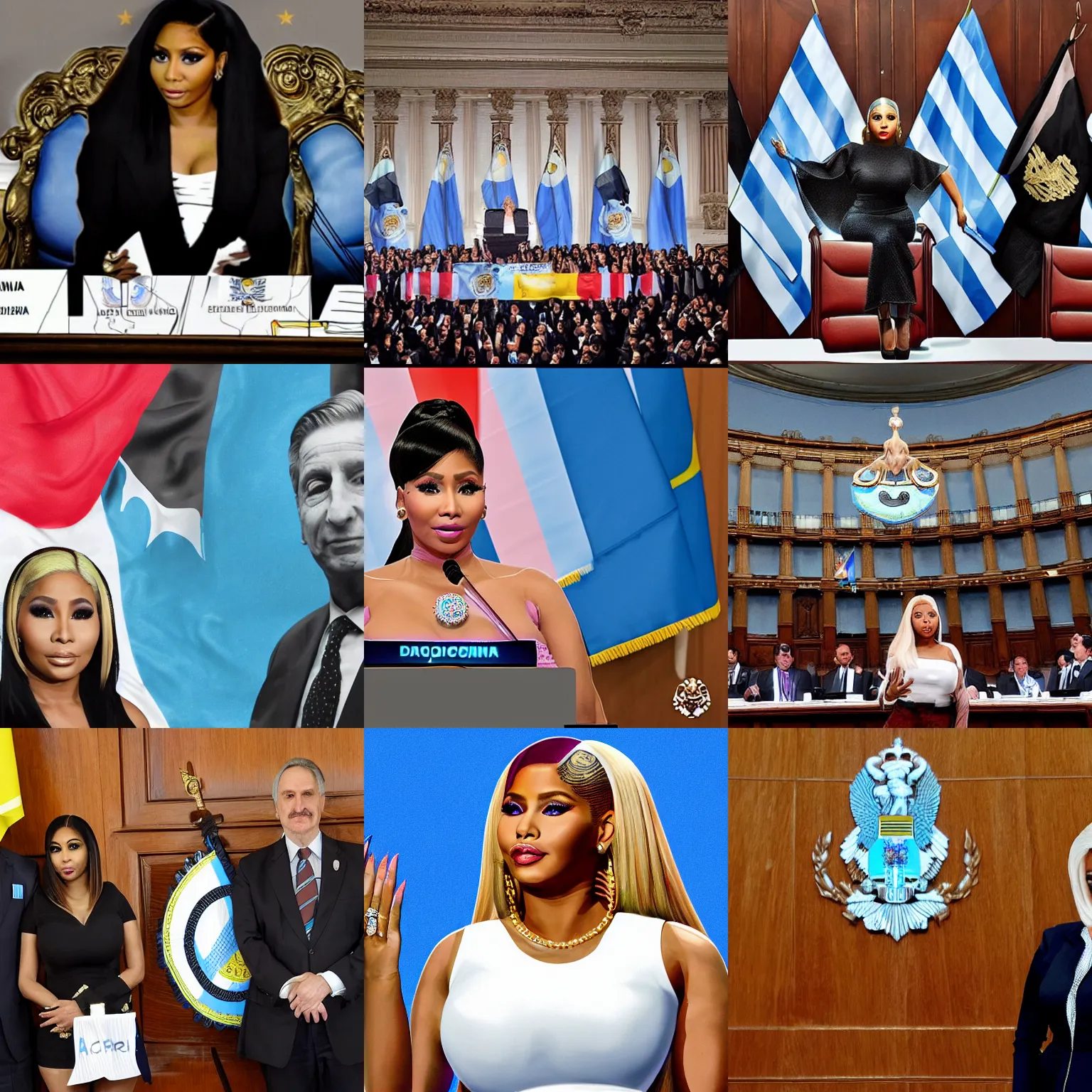 Prompt: Nicki Minaj president of Argentina, in the Argentine Congress, flags of Argentina behind, digital art