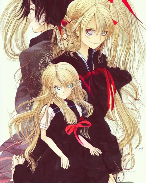 Image similar to illustration of a blonde twintails hair with ribbons anime girl with red eyes in the style of studio ghibli, ayami kojima, akihiko yoshida and 90's anime