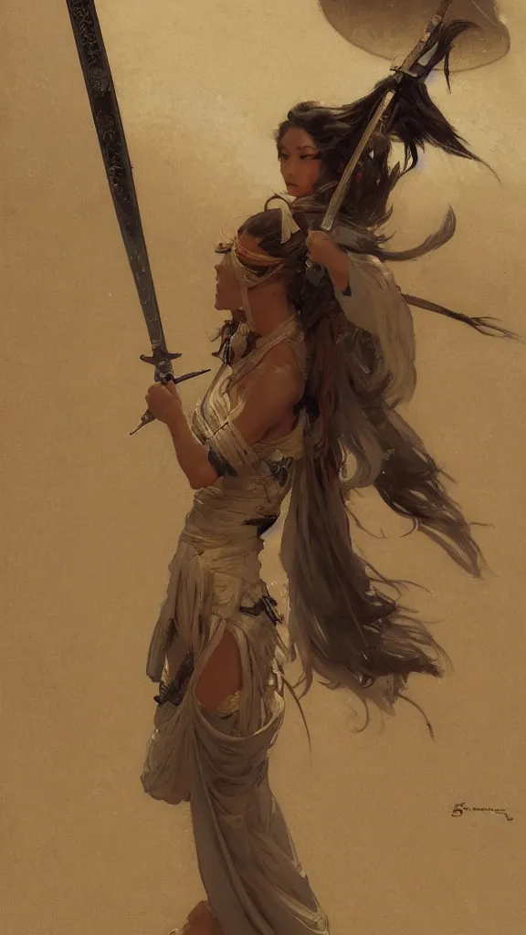 Image similar to modern elegant tanned female samurai ninja, with large sword, open exposed back, wide leg hakama trousers, by gaston bussiere, mucha, gerome, craig mullins, greg rutkowski, john singer sargent