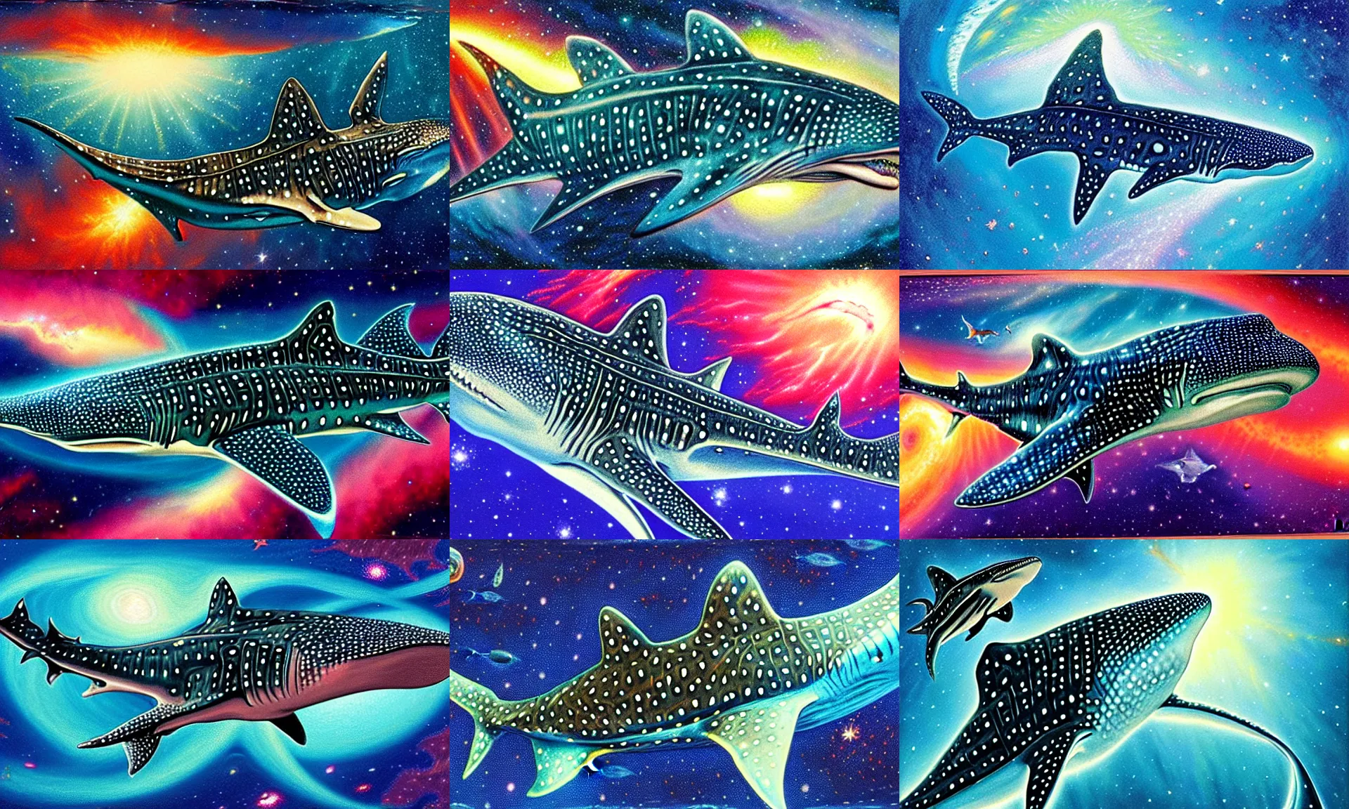 Prompt: finely detailed gouache painting of a whale shark, swirling luminous nebula background, bob eggleton, ultra detailed, gouache illustration of whale - shark foreground, colorful nebula background, mike ploog, sharp focus